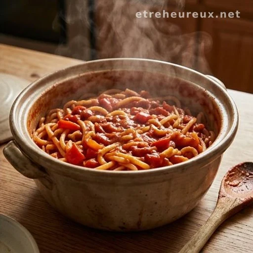 Pot of stuffed pepper pasta on a rustic kitchen table