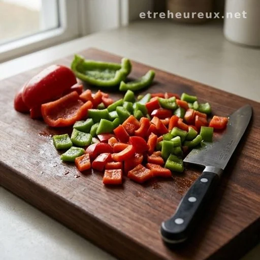 Chopped bell peppers on a cutting board ready for cooking