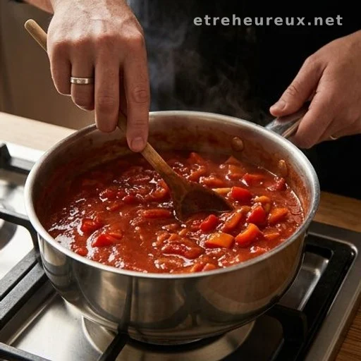 Hands stirring a simmering stuffed pepper pasta sauce on a stovetop