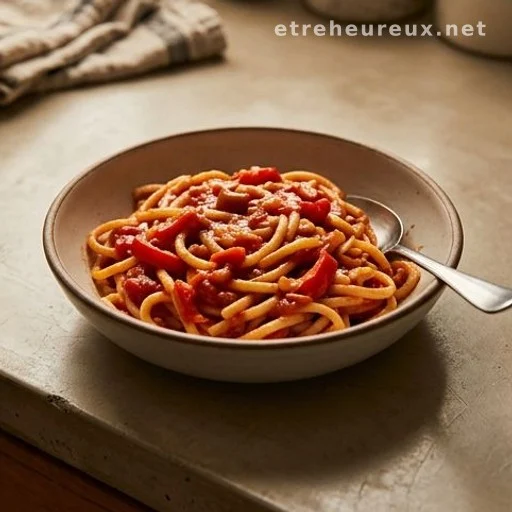 Single bowl of stuffed pepper pasta on a kitchen counter