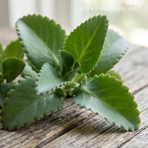 Close-up of Bryophyllum pinnatum succulent leaves on a wooden surface