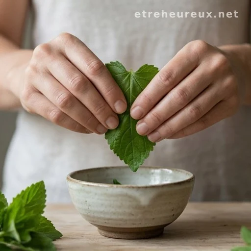 Hands crushing a medicinal leaf into a ceramic bowl for topical preparation