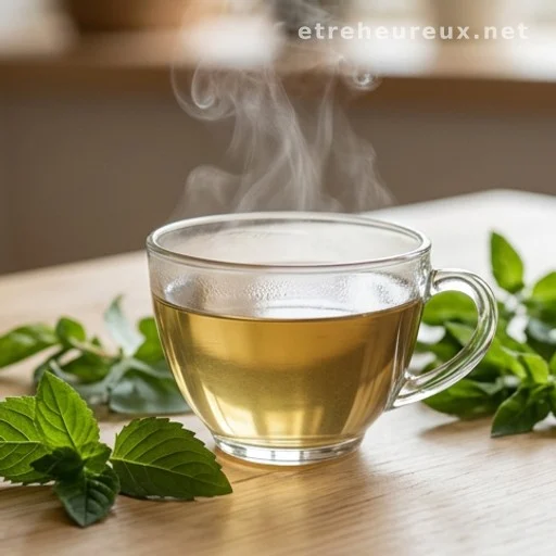 Herbal leaf infusion in a glass cup with fresh green medicinal leaves