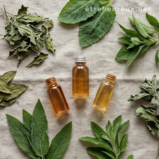 Medicinal plant leaves and herbal extract bottles arranged on linen cloth