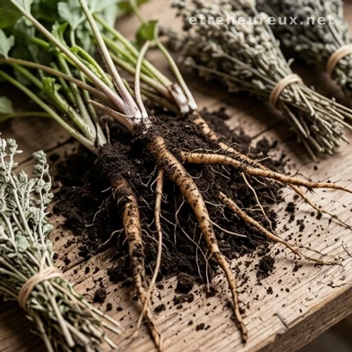 Freshly harvested bull thistle roots on a wooden surface