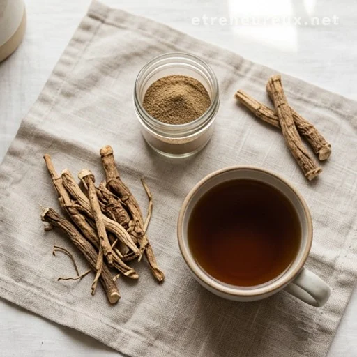 Herbal tea, dried roots and plant powder arranged on a linen cloth
