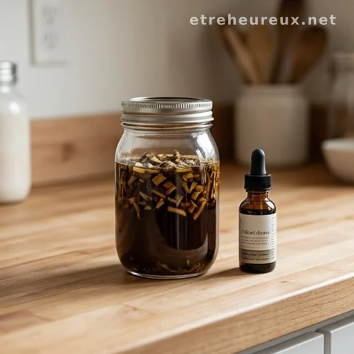 Homemade herbal tincture in a glass jar with a dropper bottle