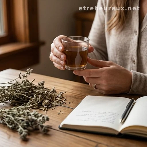 Hands holding a glass of herbal preparation beside dried herbs and a notebook