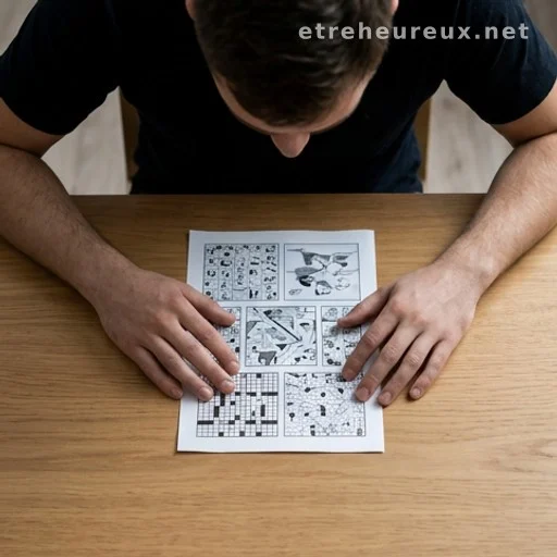 Person examining a visual puzzle on paper, overhead view