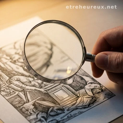 Hand holding magnifying glass over a detailed illustration, observation concept