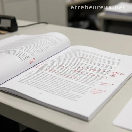 Document imprimé annoté de corrections éditoriales sur un bureau