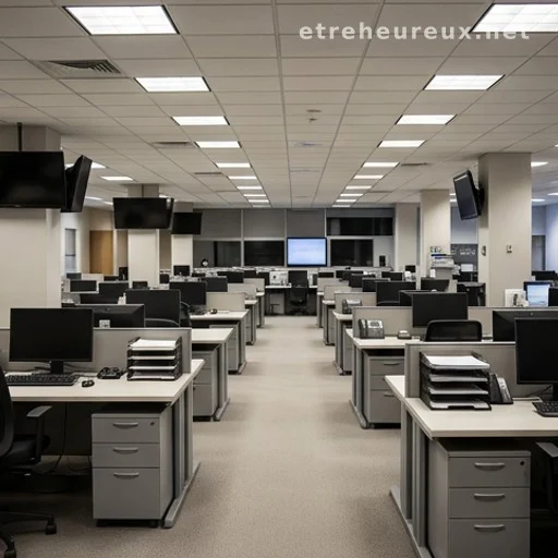 Salle de rédaction vide avec bureaux et écrans éteints