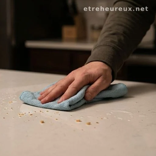 Hand wiping kitchen counter to remove food crumbs at night