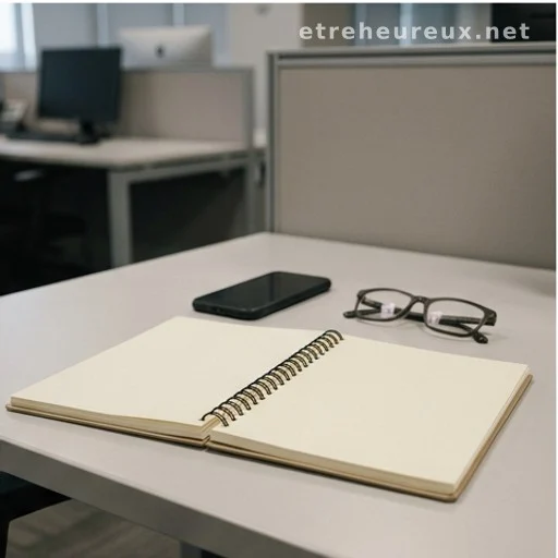 Espace de travail journalistique vide avec carnet ouvert