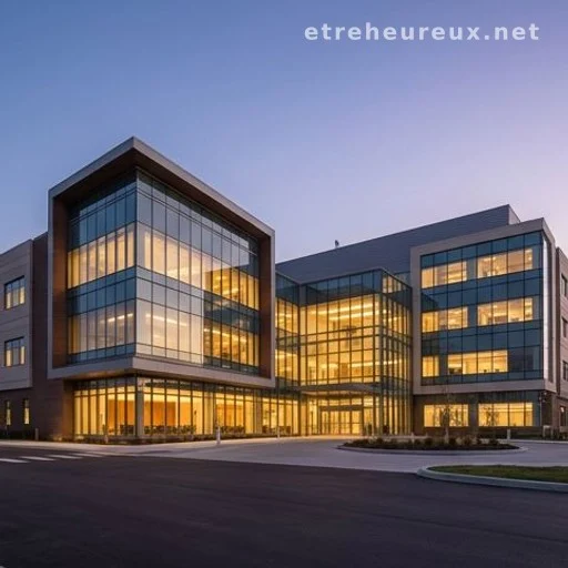 Modern cancer center hospital building exterior at dusk