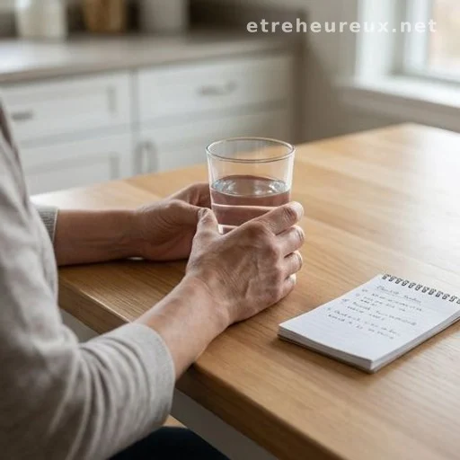 Person noting health symptoms at a kitchen table, hands visible