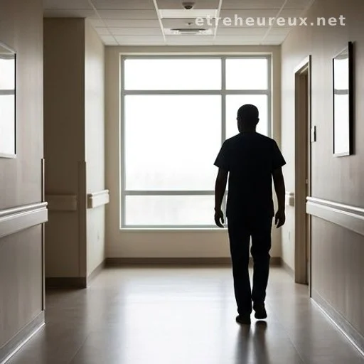 Silhouette of a person walking toward light in a hospital corridor