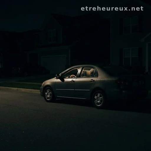 Car stopped on a dark residential street at night, driver window open