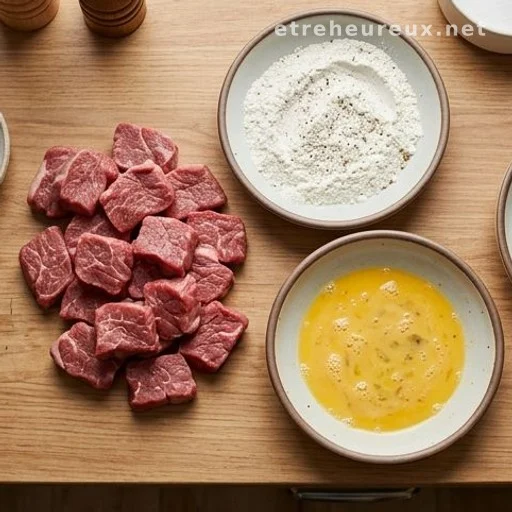 Raw cube steaks next to seasoned flour and egg wash breading station