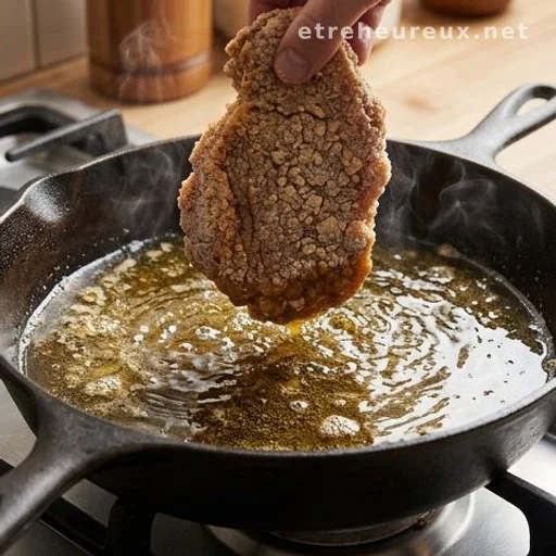 Breaded steak frying in hot oil in a cast-iron skillet