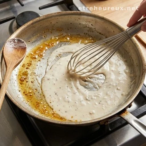 Creamy pan gravy being whisked in a skillet with golden drippings