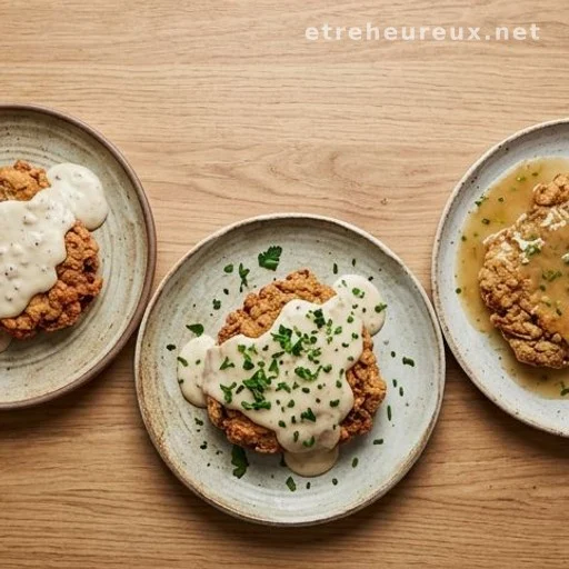 Three variations of chicken-fried steak plated with different gravies and garnishes