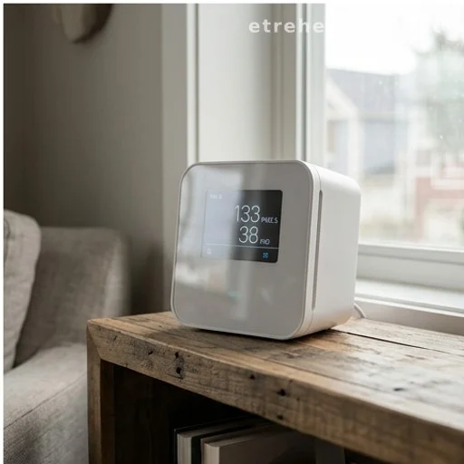 Home air quality monitor displaying indoor pollution readings on a shelf