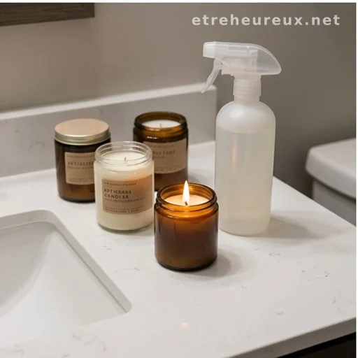 Scented candles and cleaning spray bottle on a bathroom counter
