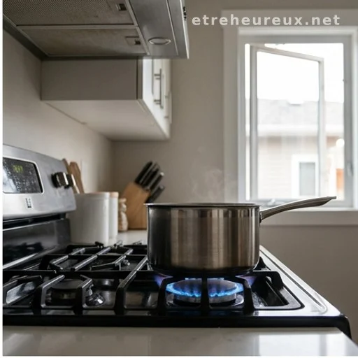 Gas stove burner with blue flame in a home kitchen with range hood