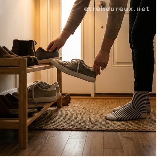 Person removing shoes at home entrance next to a shoe rack