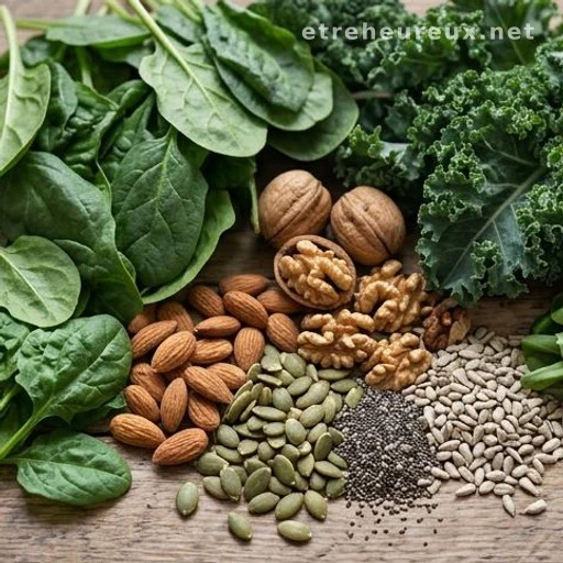 Magnesium-rich foods including leafy greens, nuts and seeds