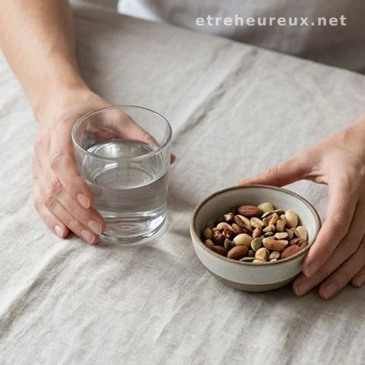 Hands holding water glass beside bowl of nuts, illustrating daily supplement routine