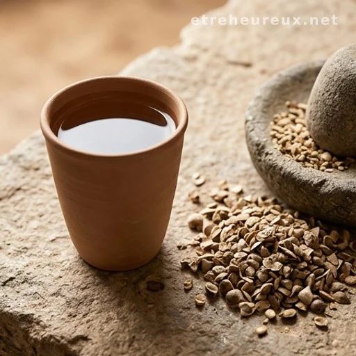 Cup of water beside crushed seeds on a rough surface, illustrating the water purification claim