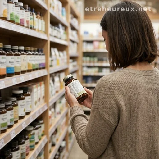 Person reading a supplement label in a health food store, illustrating the need for informed consumer choices