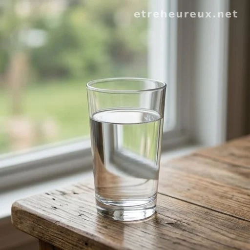 Glass of water on a wooden surface in morning light