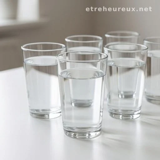 Multiple glasses of water lined up on a white table
