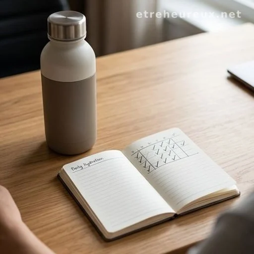 Water bottle and hydration tracker notebook on a desk