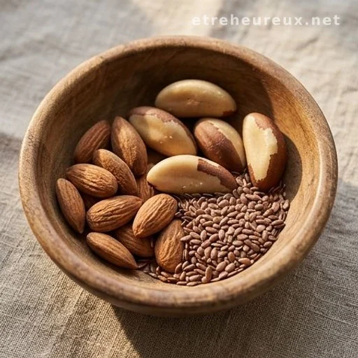 Bowl of magnesium-rich nuts and seeds including almonds and brazil nuts
