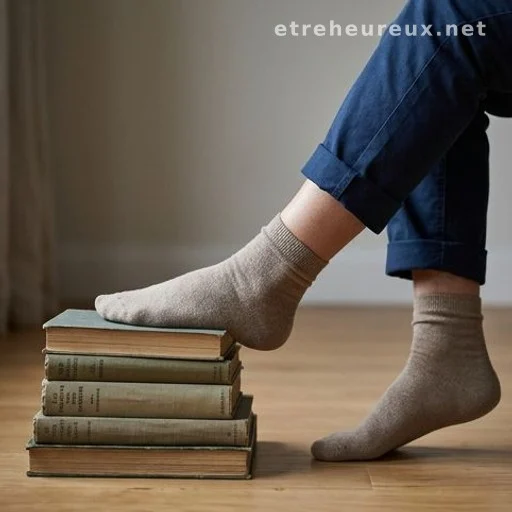 Person performing a calf stretch with foot resting on a stack of books
