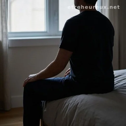 Person relaxing on bed edge practicing breathing before sleep