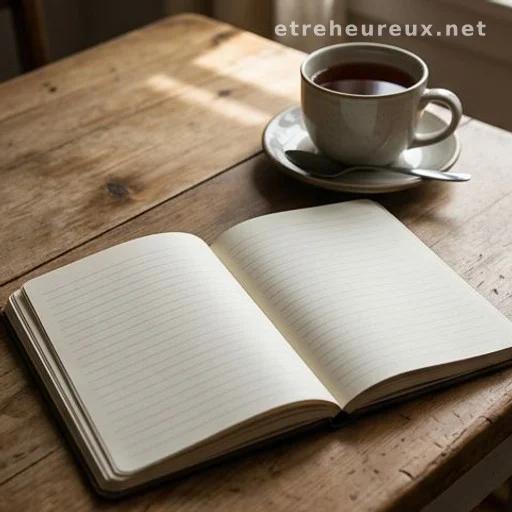 Open notebook and herbal tea on a wooden kitchen table