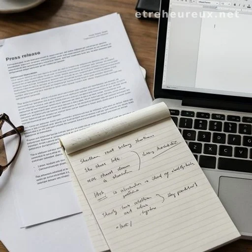 Journalist desk with press release and notepad for fact-checking
