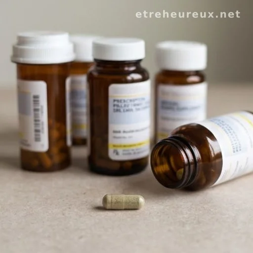 Prescription medication bottles alongside an herbal supplement capsule illustrating drug interaction risk