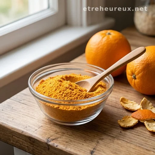 Bowl of orange peel powder beside whole oranges on a wooden surface