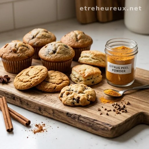 Baked muffins and cookies alongside a jar of orange peel powder and spices