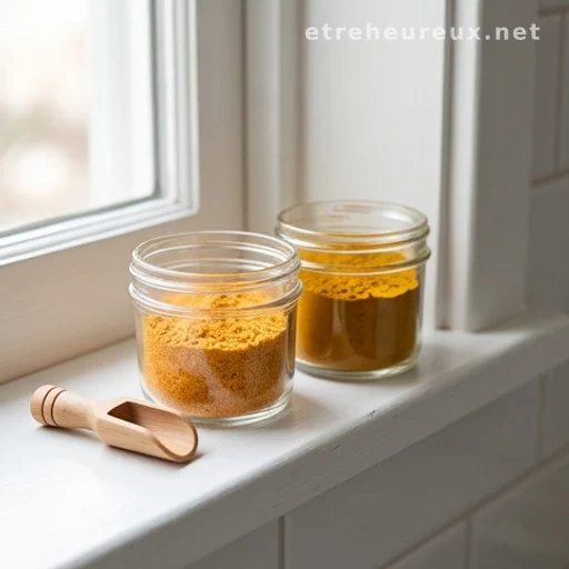 Glass jars of orange peel powder and turmeric face mask mixture on a bathroom shelf
