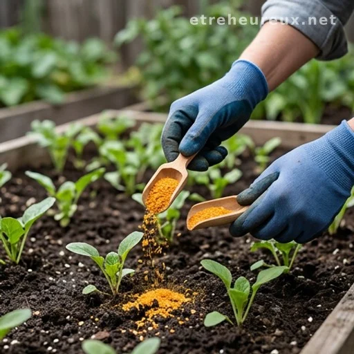 Gardener sprinkling orange peel powder around seedlings in a garden bed