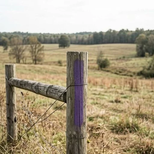 Wooden fence post marked with purple no-trespassing paint in a rural field