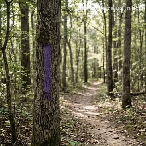 Tree trunk marked with purple paint stripe along a woodland trail