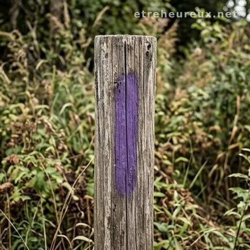 Close-up of purple paint stripe on a weathered fence post marking private property